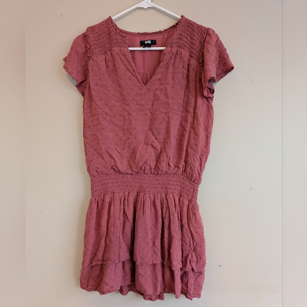 Paige Dress Women’s Medium Pink Swiss Dot Smocked Waist Short Sleeve‎
